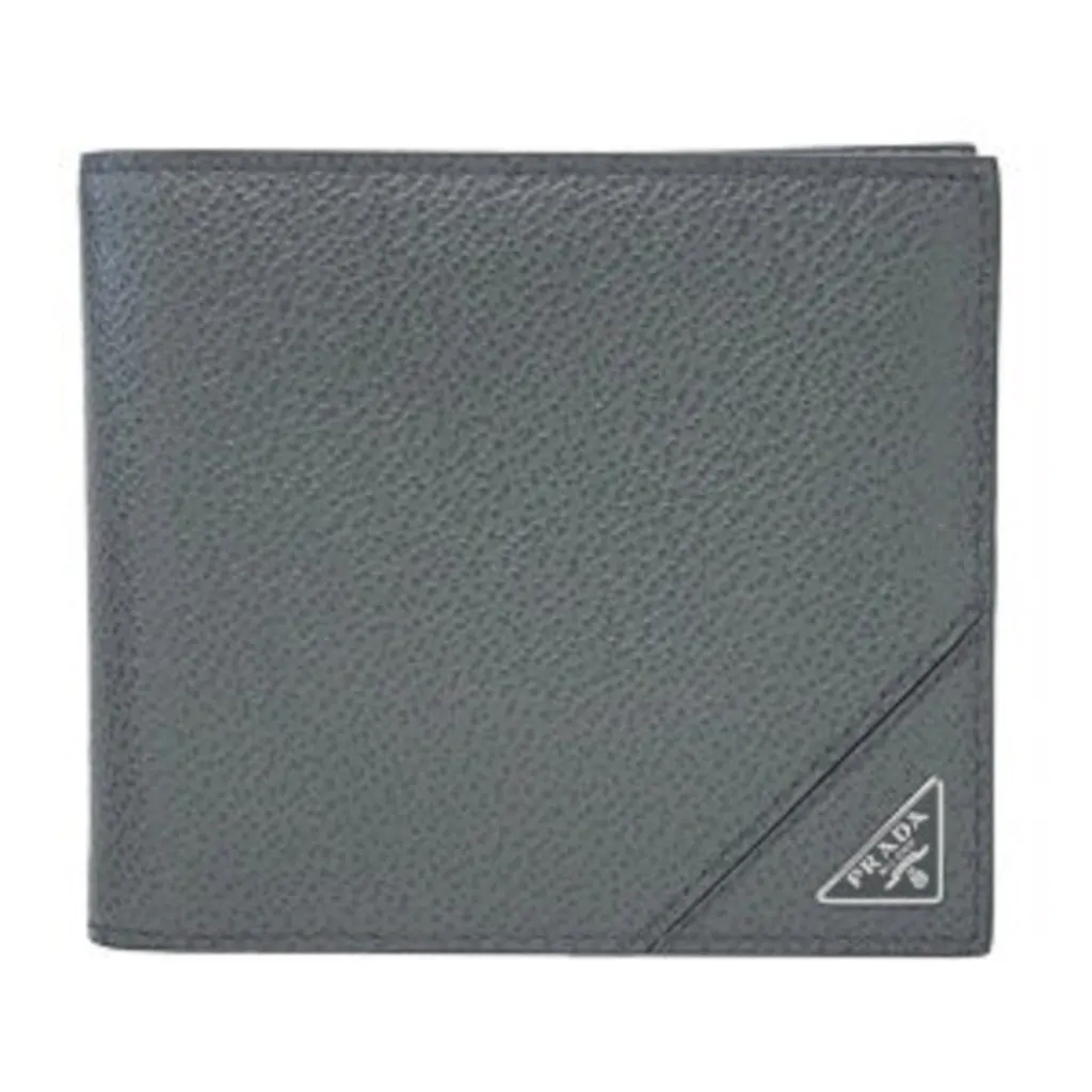 Prada Mens Bifold Vitello مايكرو Grain رمادي جلد Triangle Logo Bifold محفظة