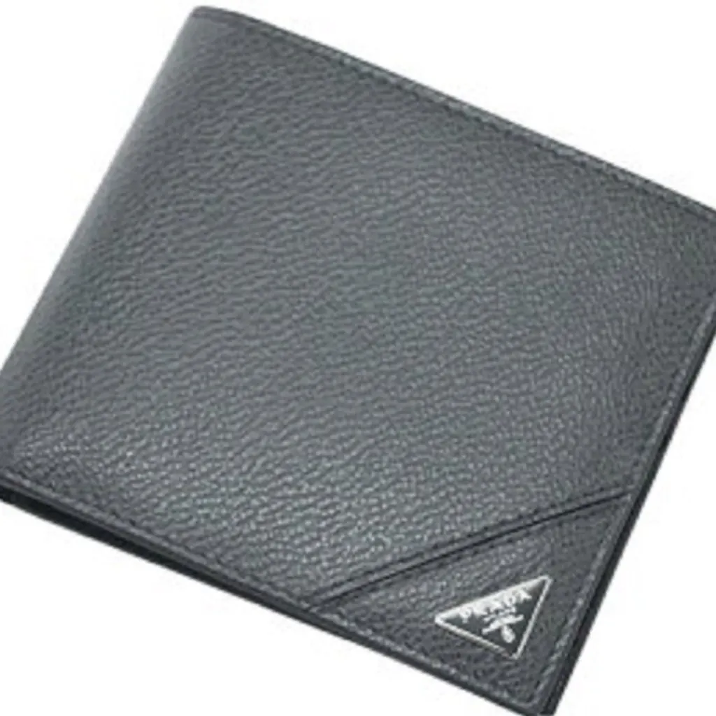 Prada Mens Bifold Vitello Micro Grain Gray Leather Triangle Logo Bifold Wallet Grey Leather Never worn - Back View