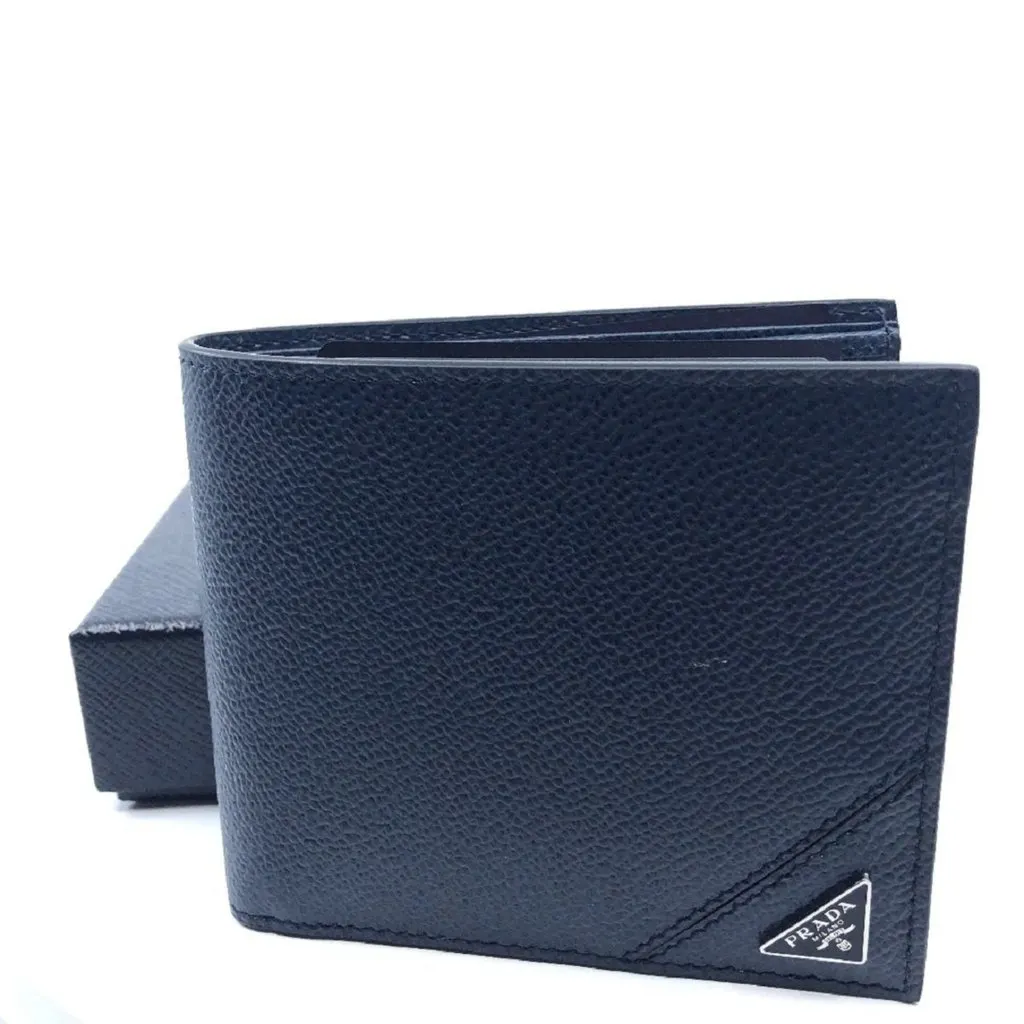 Prada Mens Vitello Micro Grain Navy Blue Leather Triangle Logo Bifold Wallet Blue Leather Never worn - Front View