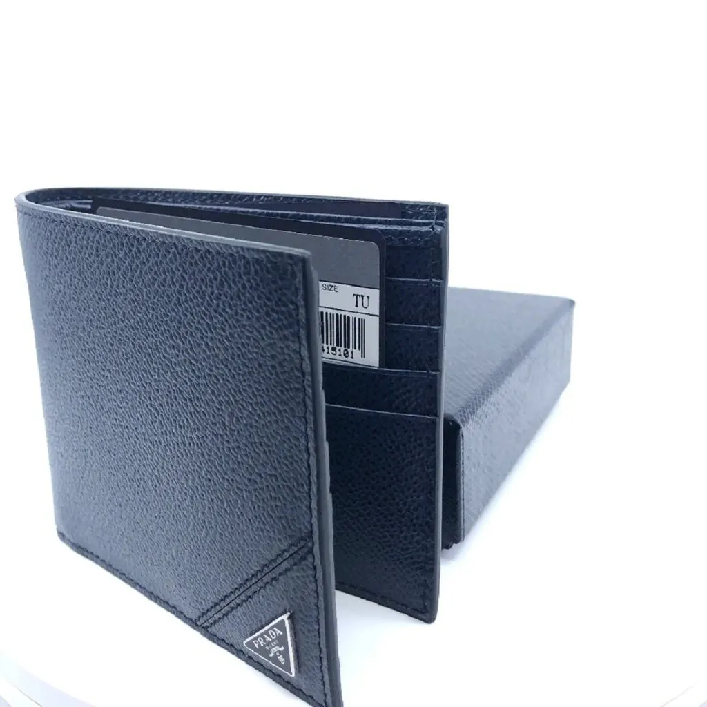 Prada Mens Vitello Micro Grain Navy Blue Leather Triangle Logo Bifold Wallet Blue Leather Never worn - Back View