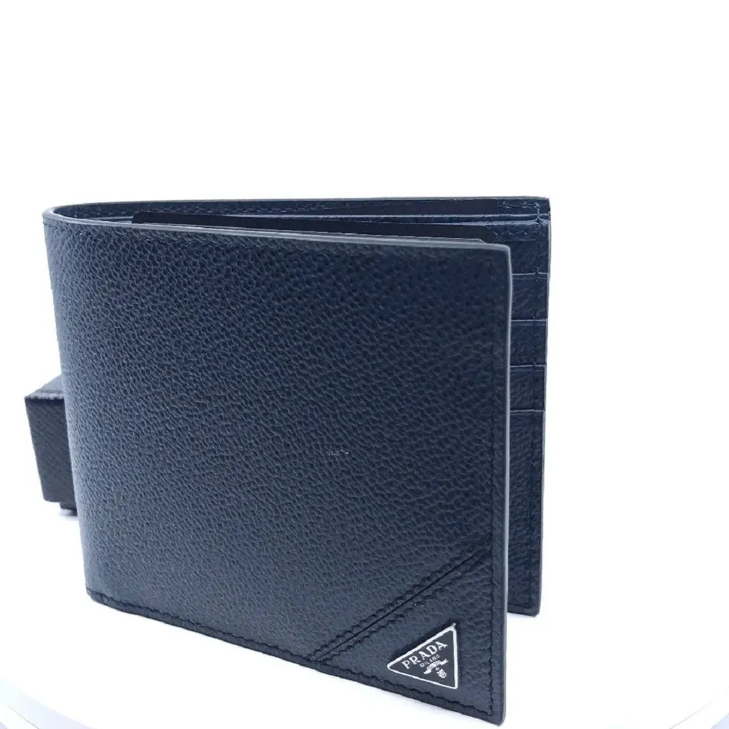 Prada Mens Vitello Micro Grain Navy Blue Leather Triangle Logo Bifold Wallet Blue Leather Never worn - Inside View