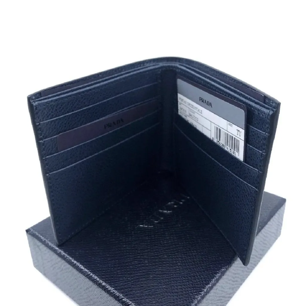 Prada Mens Vitello Micro Grain Navy Blue Leather Triangle Logo Bifold Wallet Blue Leather Never worn - Box View