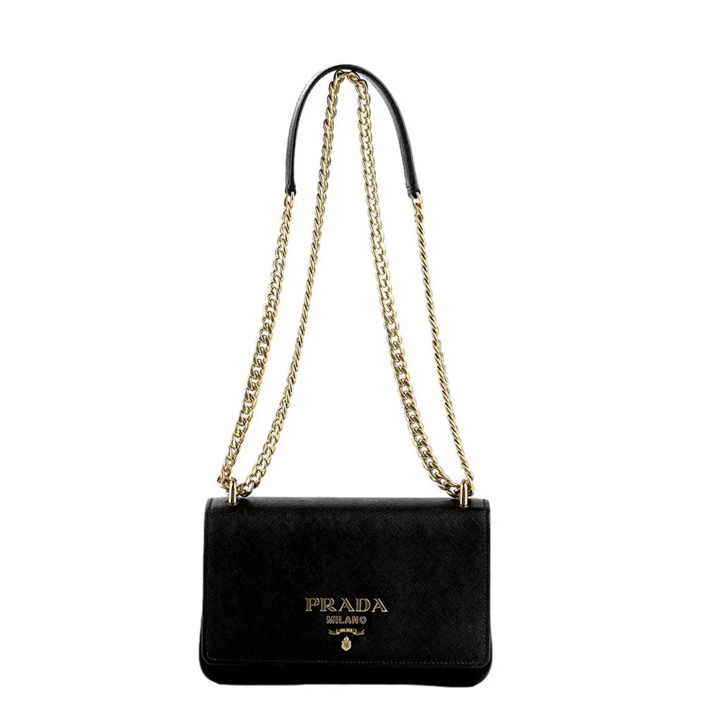 Prada Tessuto and Saffiano Leather Black Crossbody Bag with Gold Chain Strap Black Leather Never worn - Front View