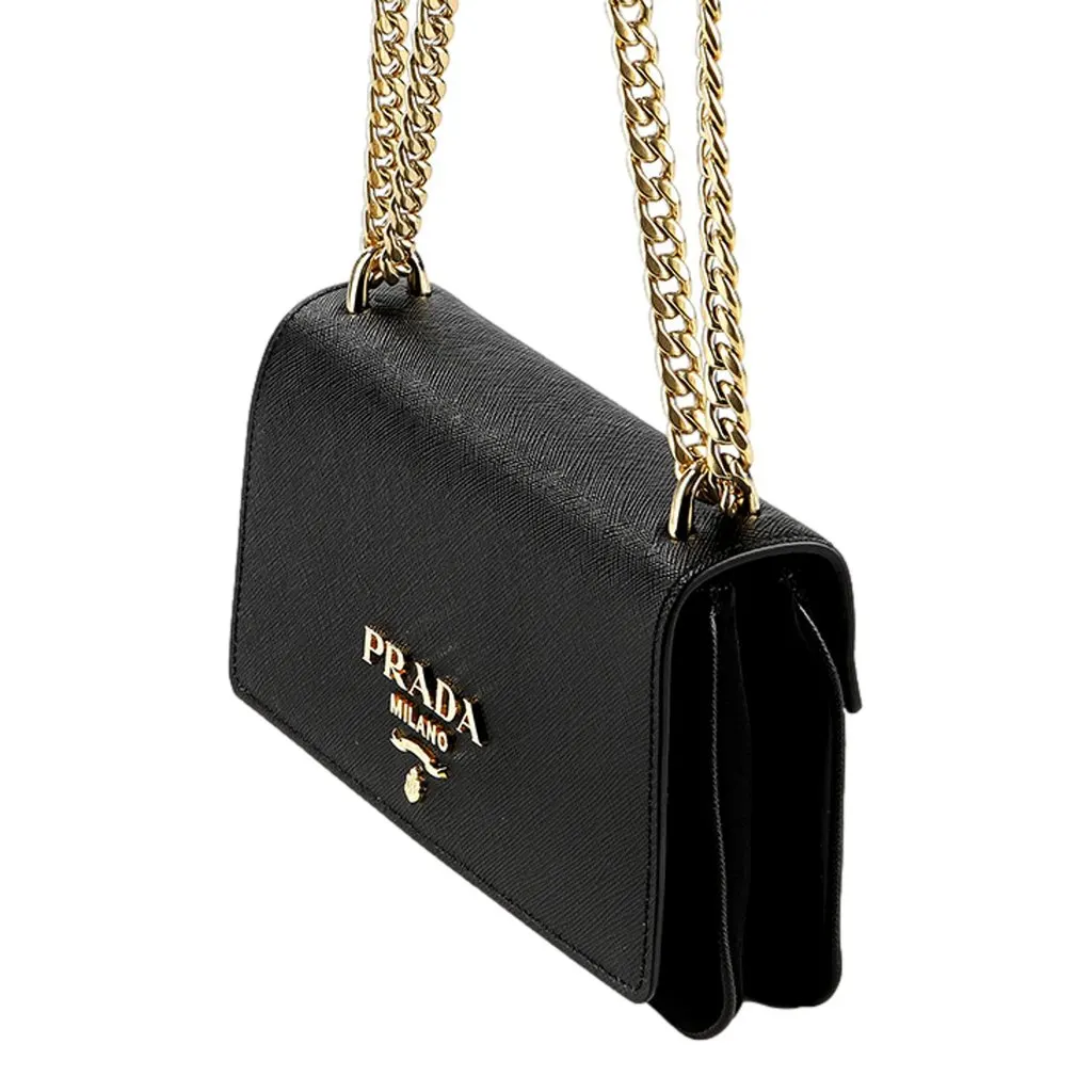 Prada Tessuto and Saffiano Leather Black Crossbody Bag with Gold Chain Strap Black Leather Never worn - Back View