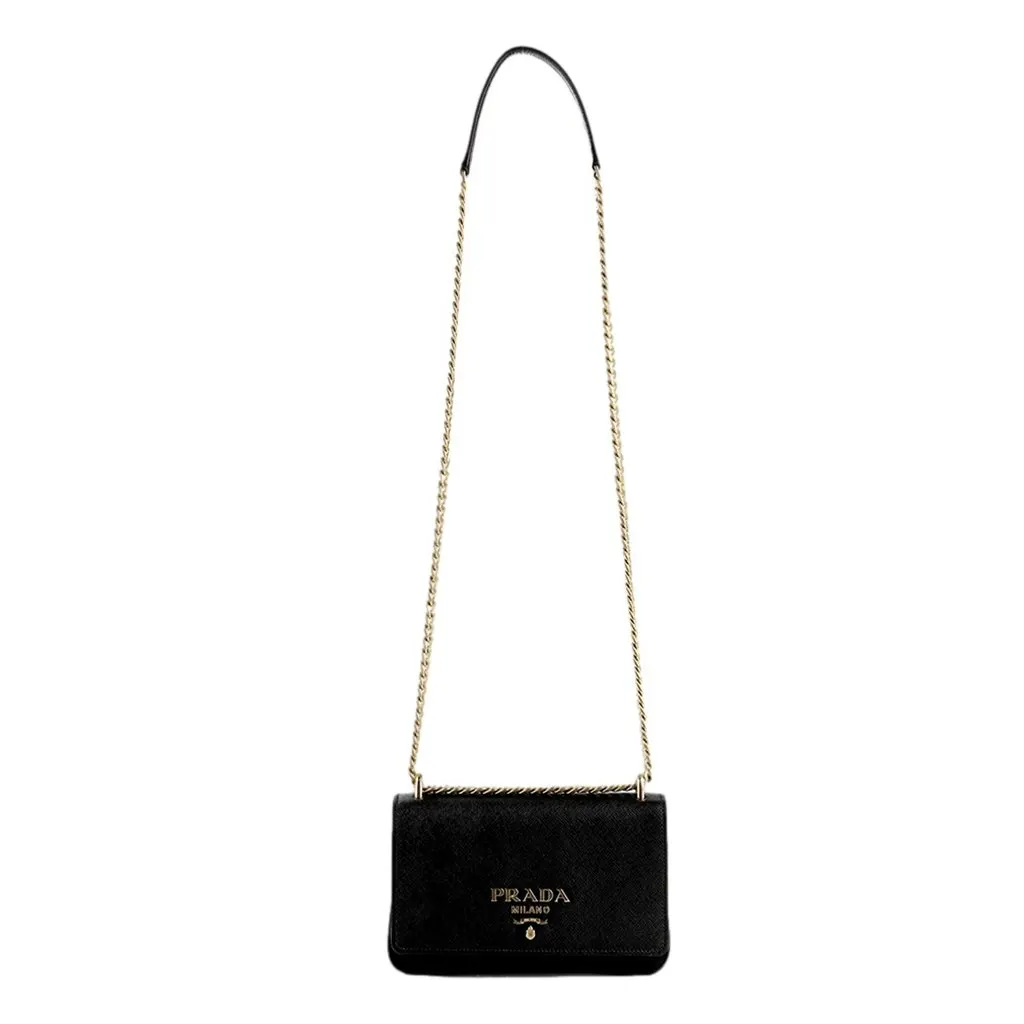 Prada Tessuto and Saffiano Leather Black Crossbody Bag with Gold Chain Strap Black Leather Never worn - Inside View
