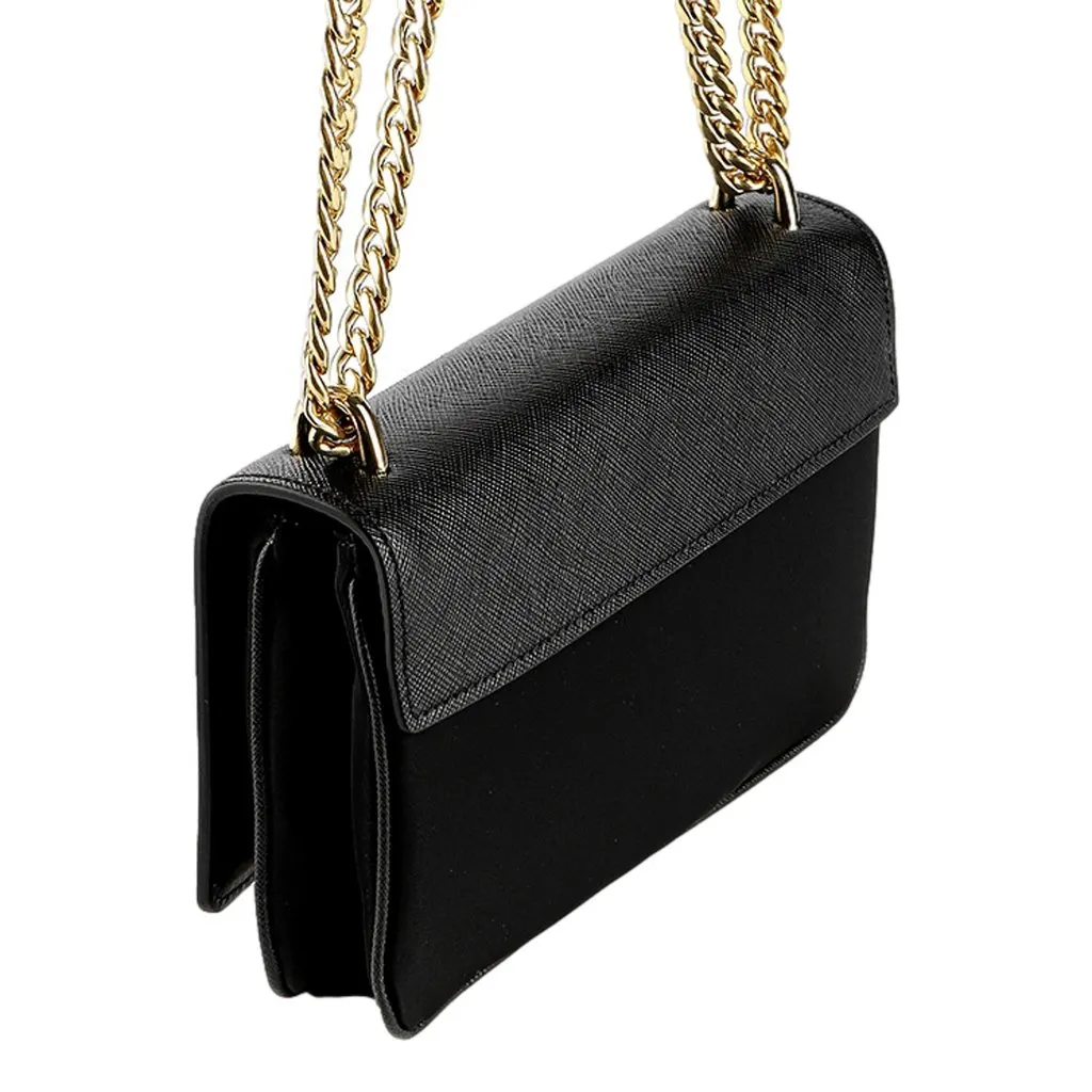 Prada Tessuto and Saffiano Leather Black Crossbody Bag with Gold Chain Strap Black Leather Never worn - Model View