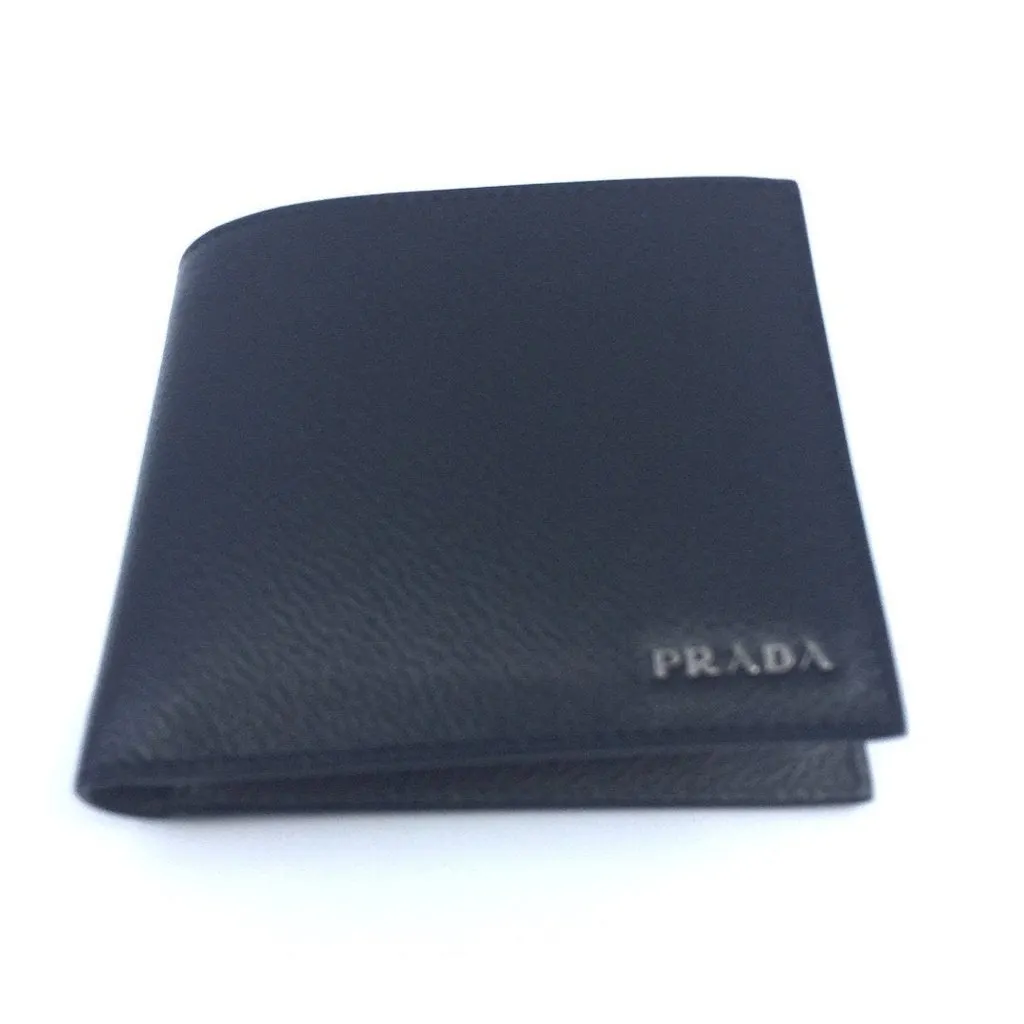 Prada Mens Wallet Black Gray Vitello Micro Grain Leather Bifold Black Leather Never worn - Front View