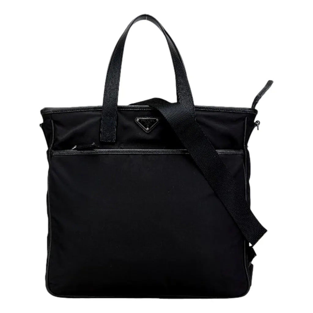 Prada Re-Nylon Black Nylon and Saffiano Large Crossbody Tote Bag Black Leather Never worn - Front View