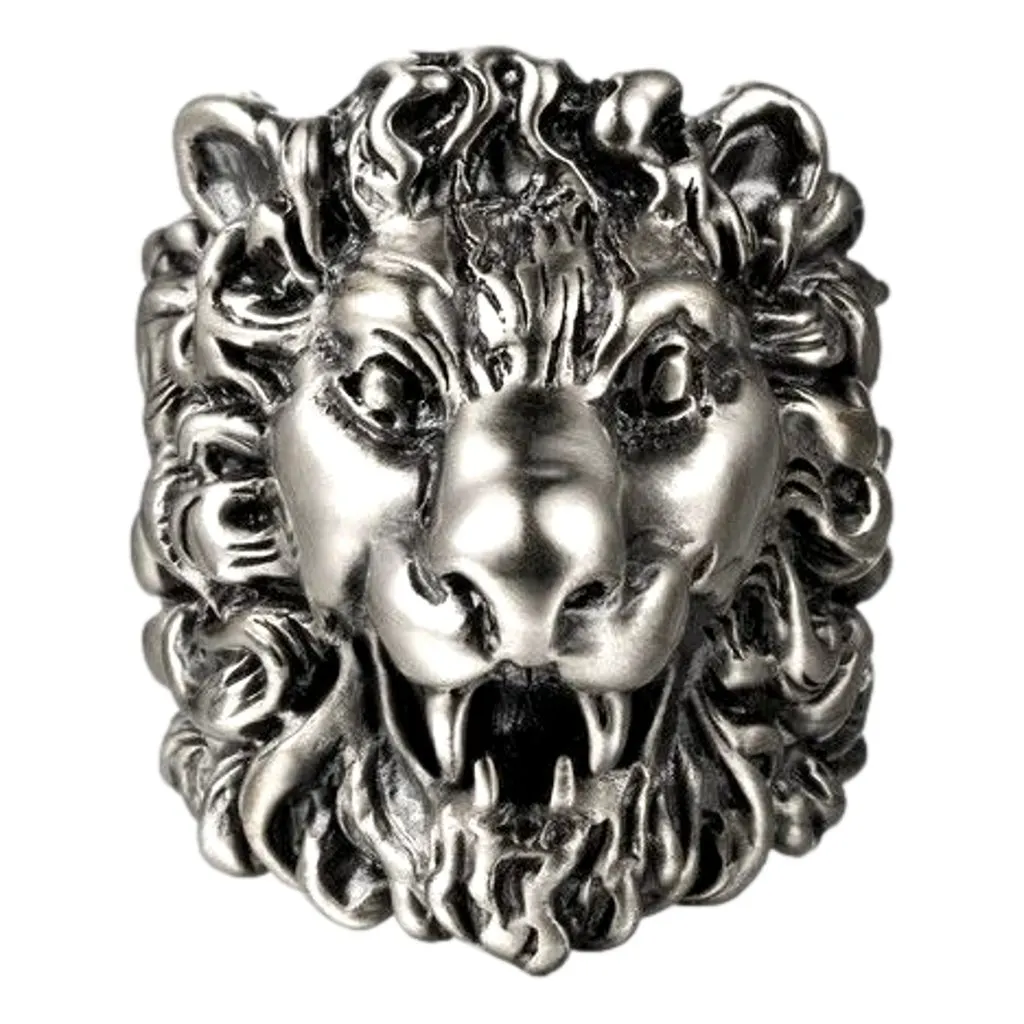 Gucci Cocktail Lion Head Motif Silver Tone Metal Ring 13 Silver Never worn - Front View