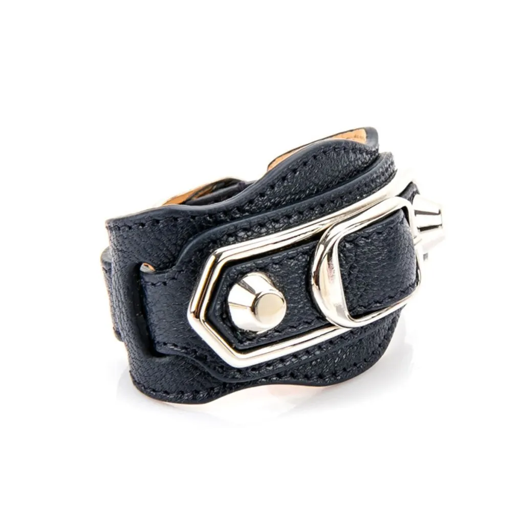 Balenciaga Black Shiny Calfskin Leather Studs Buckle Bracelet Black Leather Never worn - Model View