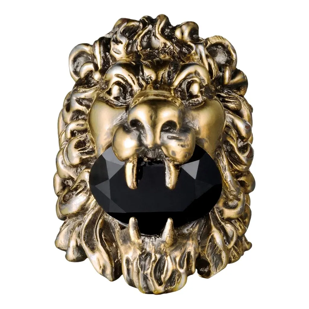 Gucci Lion Head King Ring With Crystal Aged Gold and Black 13 Yellow Never worn - Front View