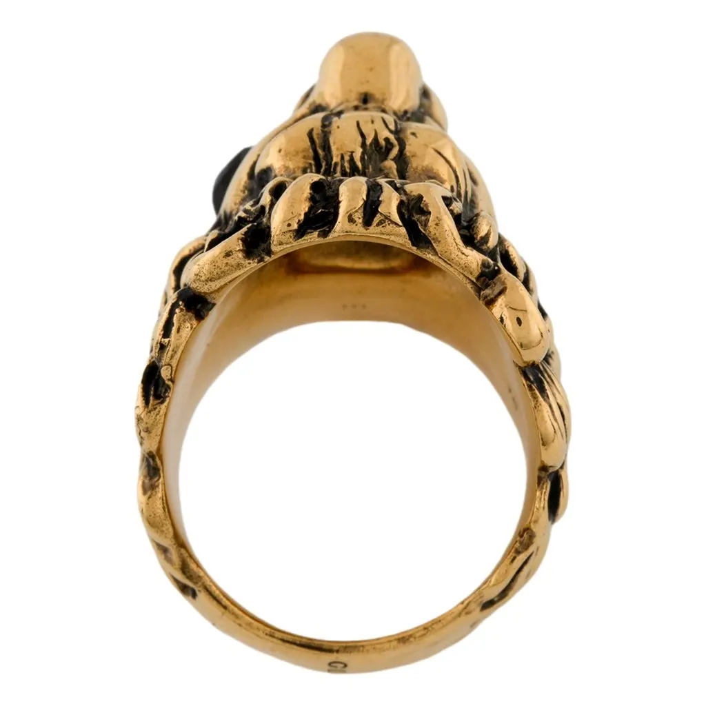 Gucci Lion Head King Ring With Crystal Aged Gold and Black 13 Yellow Never worn - Box View