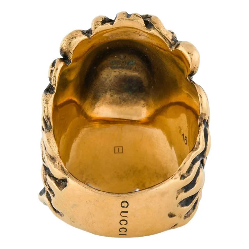 Gucci Lion Head King Ring With Crystal Aged Gold and Black 16 Yellow Never worn - Box View