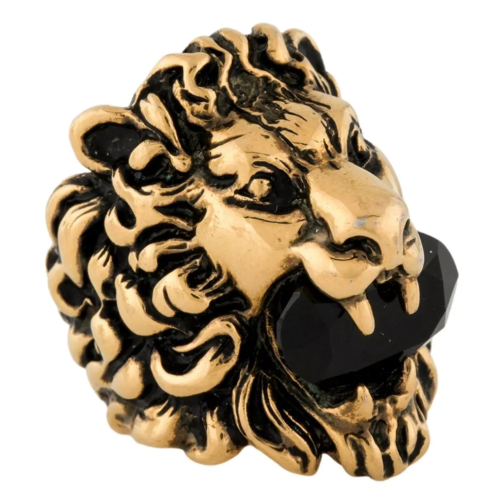 Gucci Lion Head King Ring With Crystal Aged Gold and Black 8 Yellow Never worn - Model View