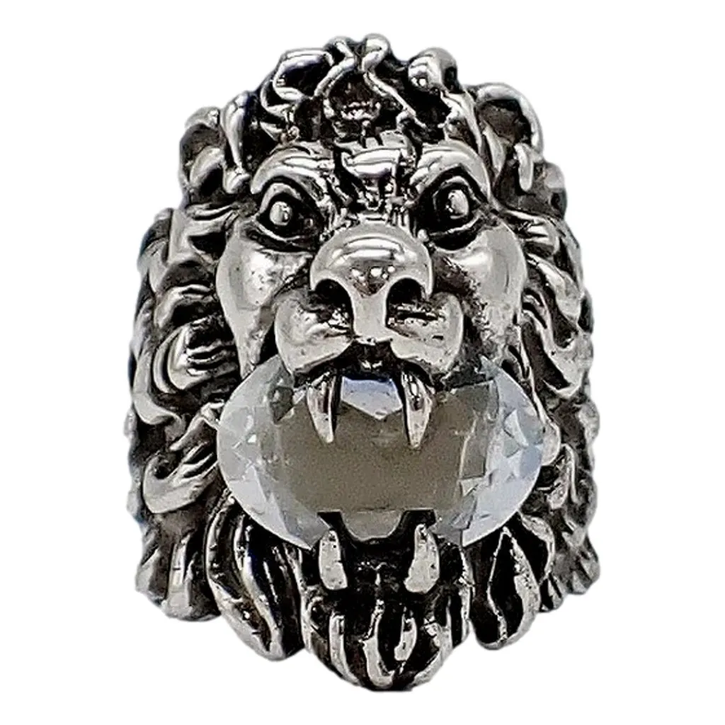 Gucci Lion Head Motif Silver Ring Crystal Size 13 Silver Satin Never worn - Front View