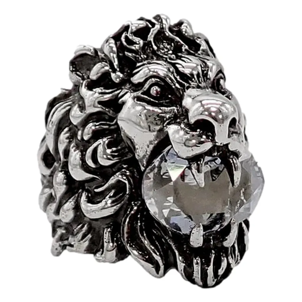 Gucci Lion Head Motif Silver Ring Crystal Size 13 Silver Satin Never worn - Back View
