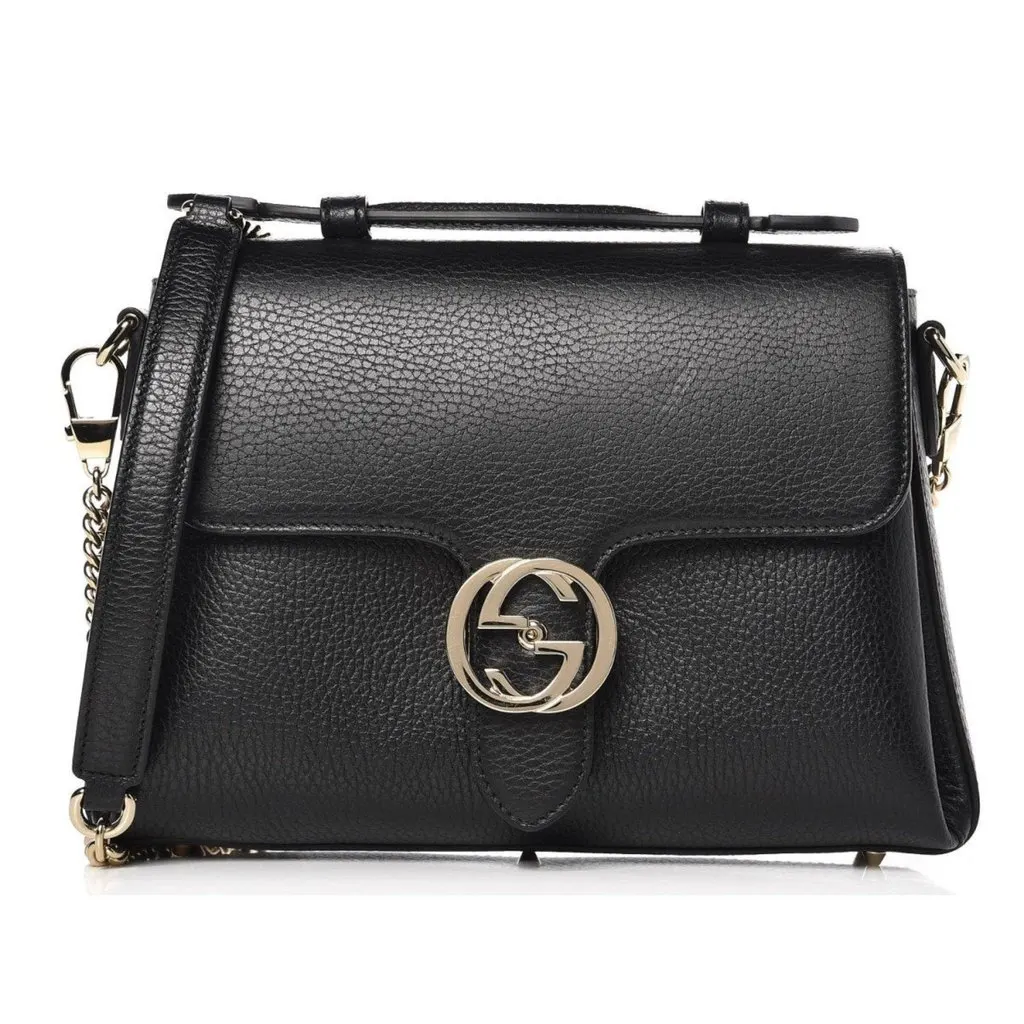 Gucci Interlocking G Black Calf Leather Chain Crossbody Bag Black Leather Never worn - Front View