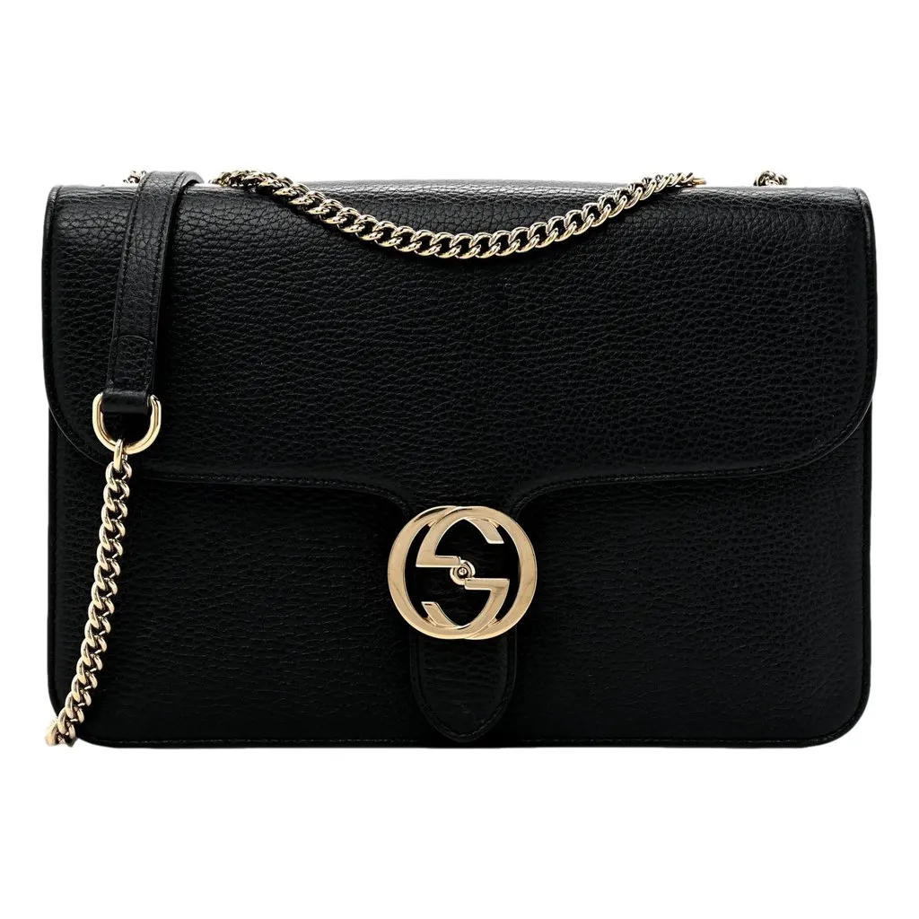 Gucci GG Marmont Crossbody Bag Black Pebbled Leather Gold Chain Interlocking GG Black Leather Never worn - Front View