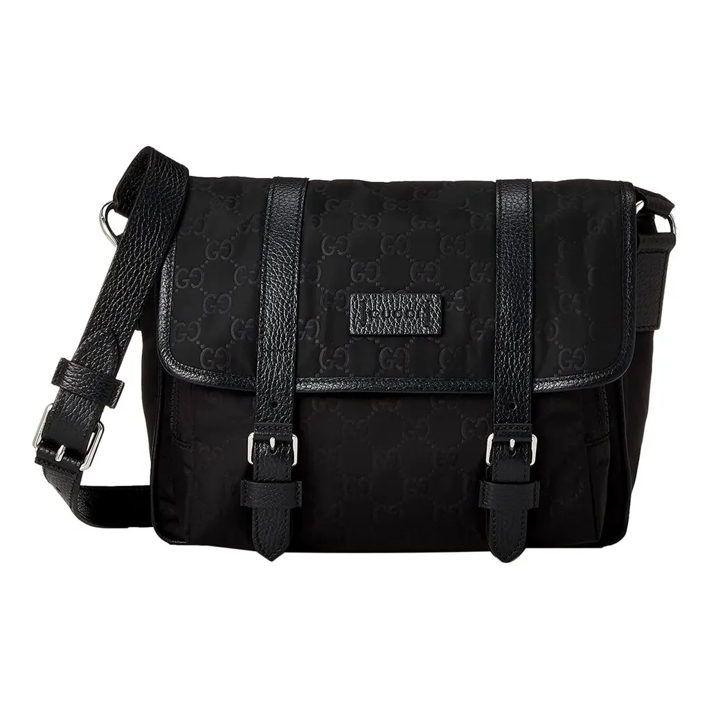 Gucci GG Monogram Nylon Leather Messenger Bag Black Double Buckle Flap Black Never worn - Front View