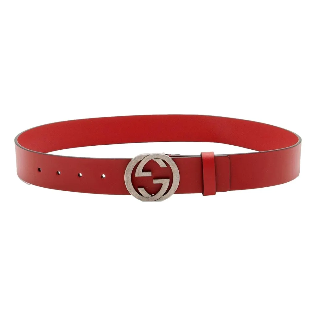 Gucci Interlocking Leather GG Buckle Antiqued Silver Tone Belt Rosso Red 95/38 Red Leather Never worn - Front View