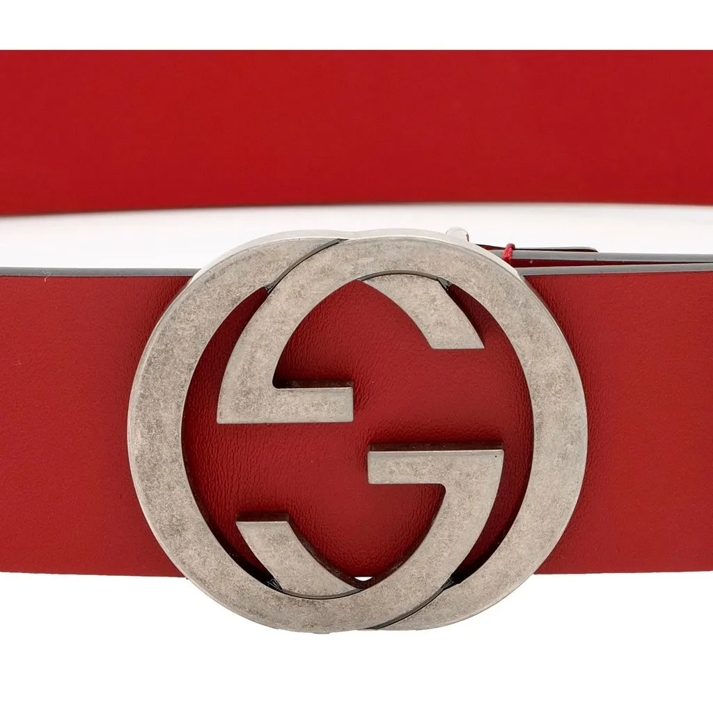Gucci Interlocking Leather GG Buckle Antiqued Silver Tone Belt Rosso Red 95/38 Red Leather Never worn - Model View