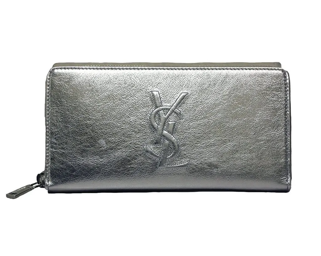 Saint Laurent YSL Belle Du Jour Silver Leather Zip-Around Wallet Grey Leather Never worn - Front View