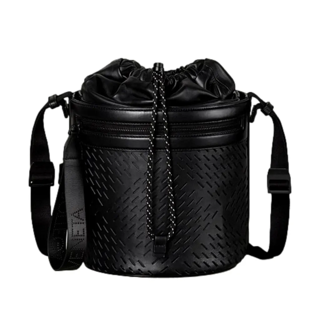 Bottega Veneta Perforated Black Nappa Leather Drawstring Bucket Crossbody Bag Black Leather Never worn - Front View