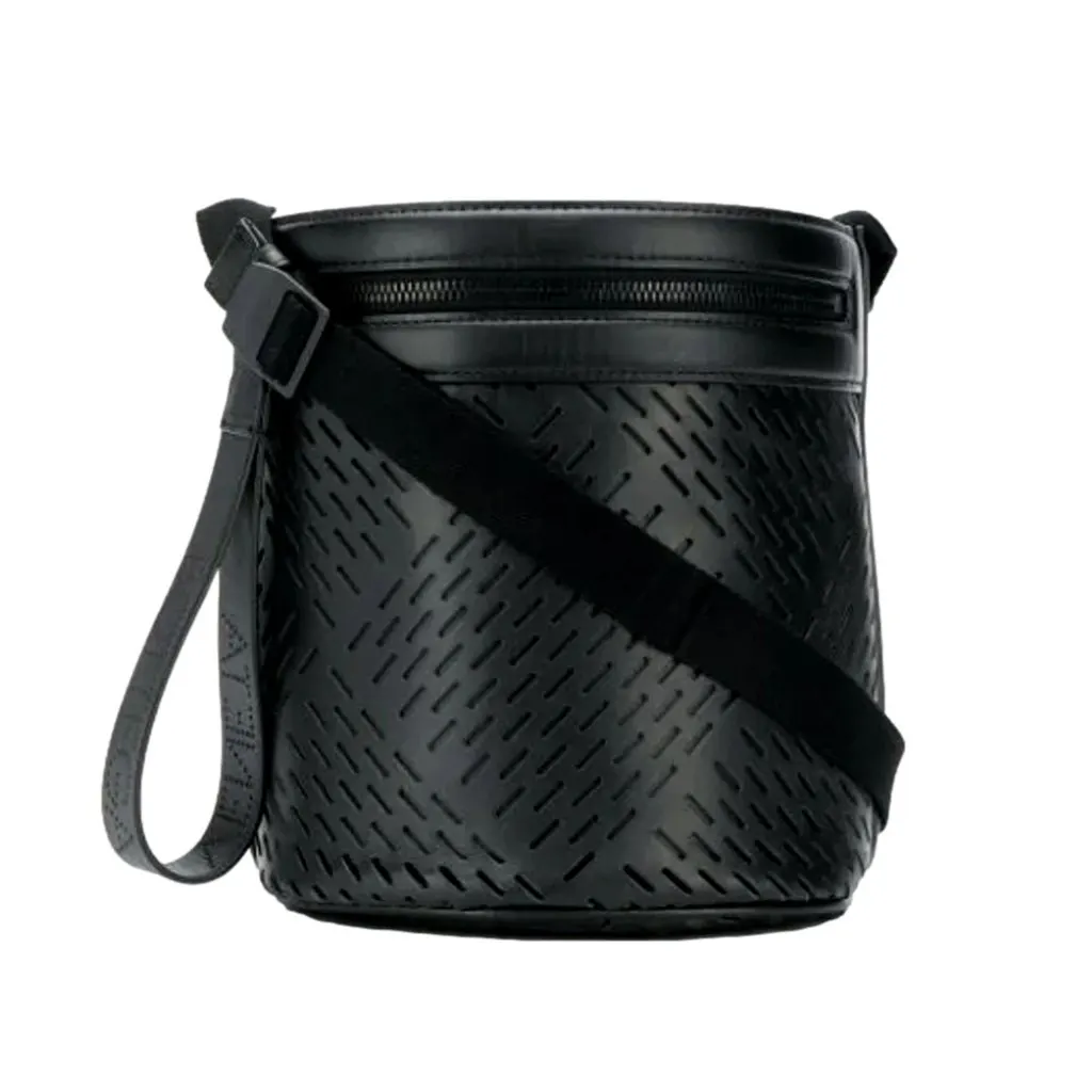Bottega Veneta Perforated Black Nappa Leather Drawstring Bucket Crossbody Bag Black Leather Never worn - Model View
