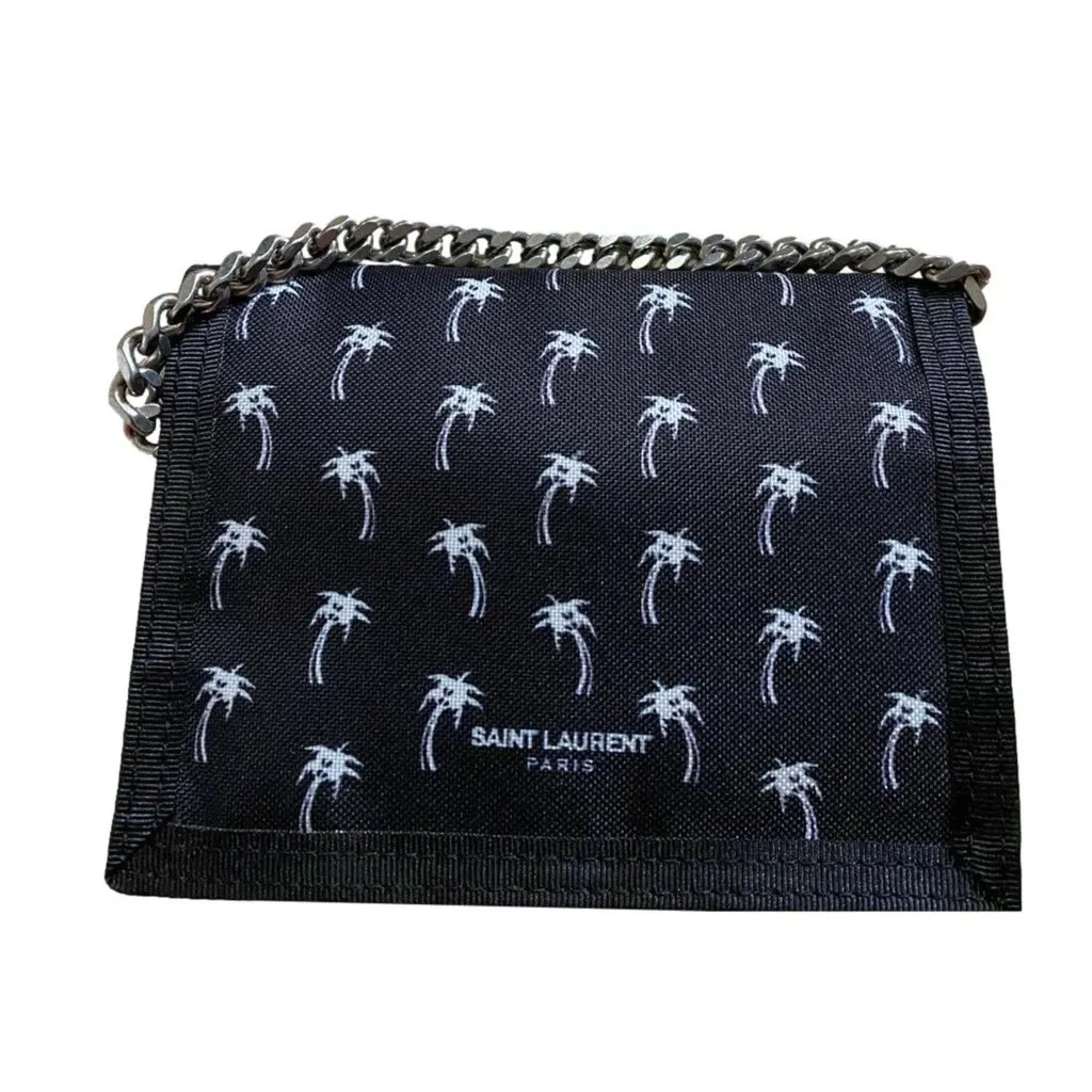 Saint Laurent Buffalo Palm Tree Black Nylon Chain Trifold Wallet Black Polyamide Never worn - Front View