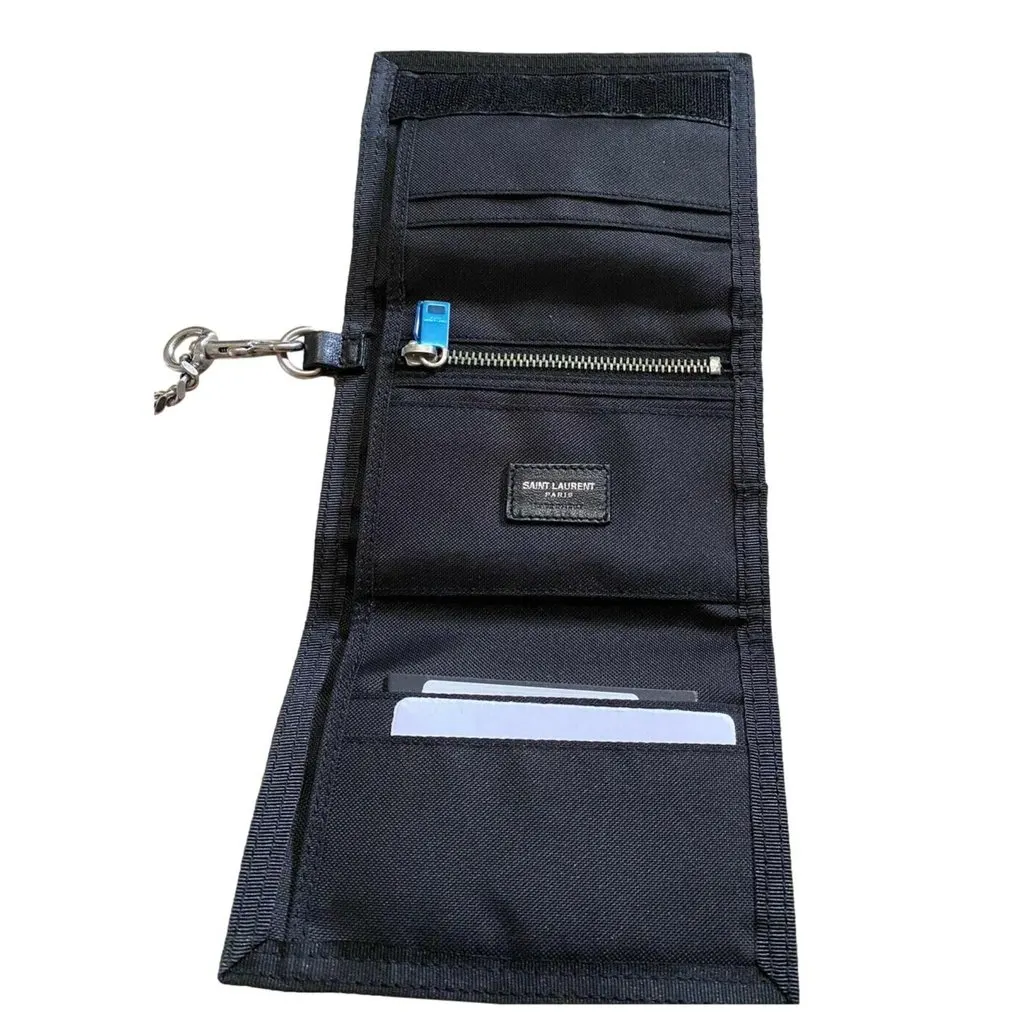 Saint Laurent Buffalo Palm Tree Black Nylon Chain Trifold Wallet Black Polyamide Never worn - Box View