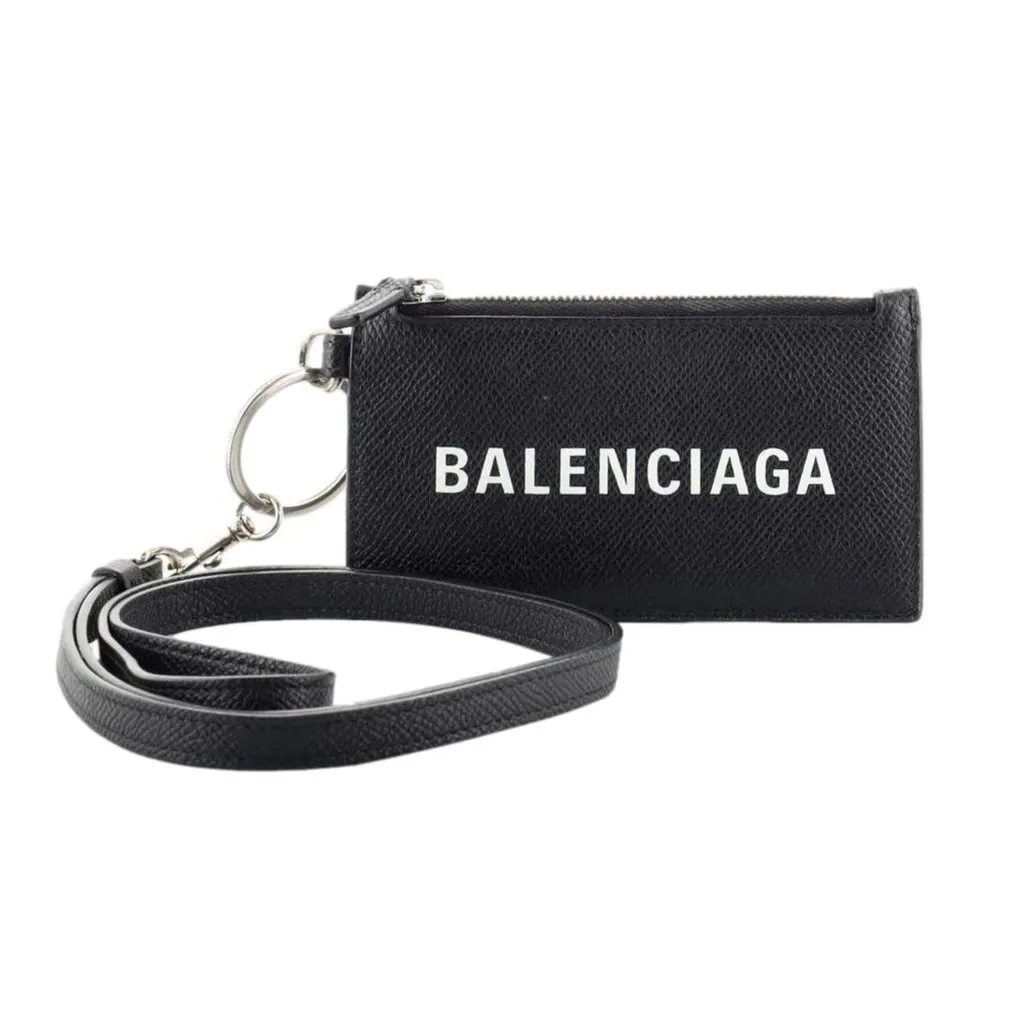 Balenciaga Cash Logo Neck Lanyard Card Holder Wallet Black Leather Black Leather Never worn - Front View