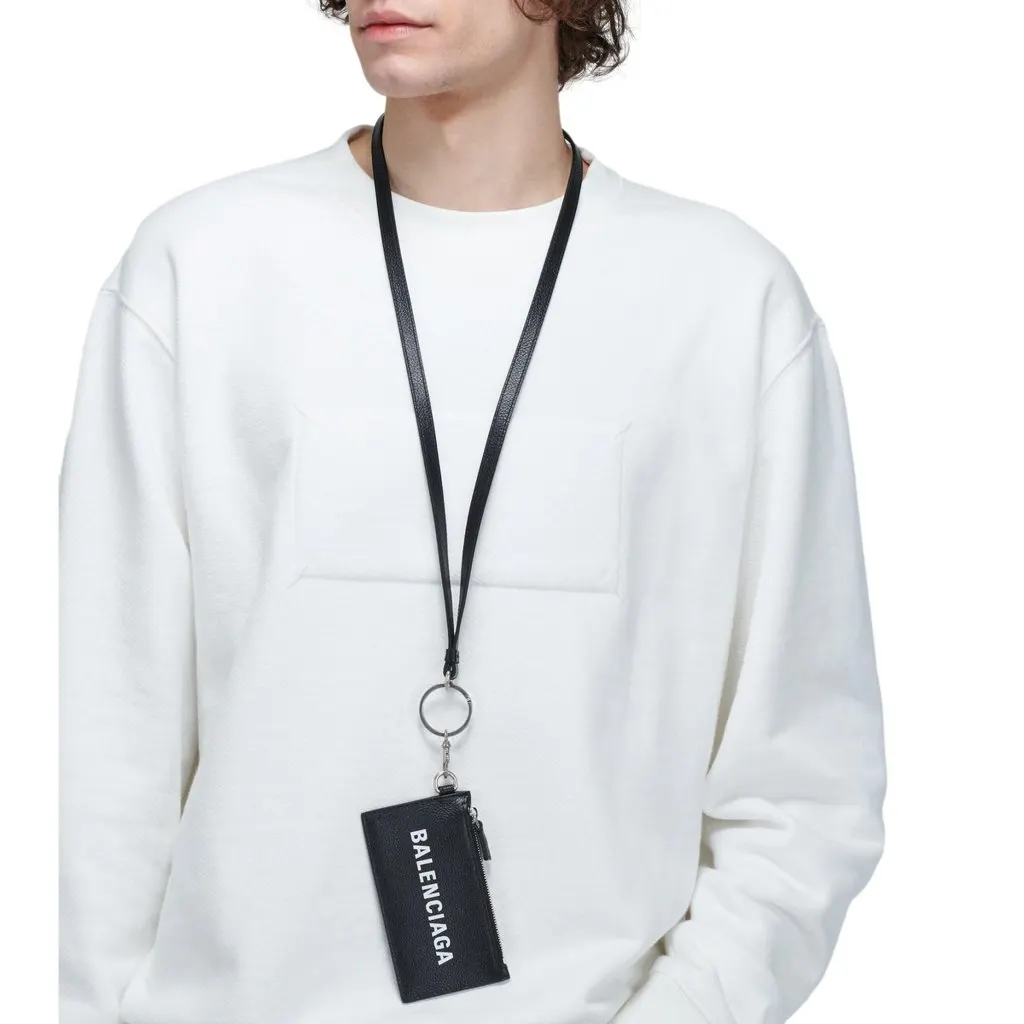 Balenciaga Cash Logo Neck Lanyard Card Holder Wallet Black Leather Black Leather Never worn - Model View