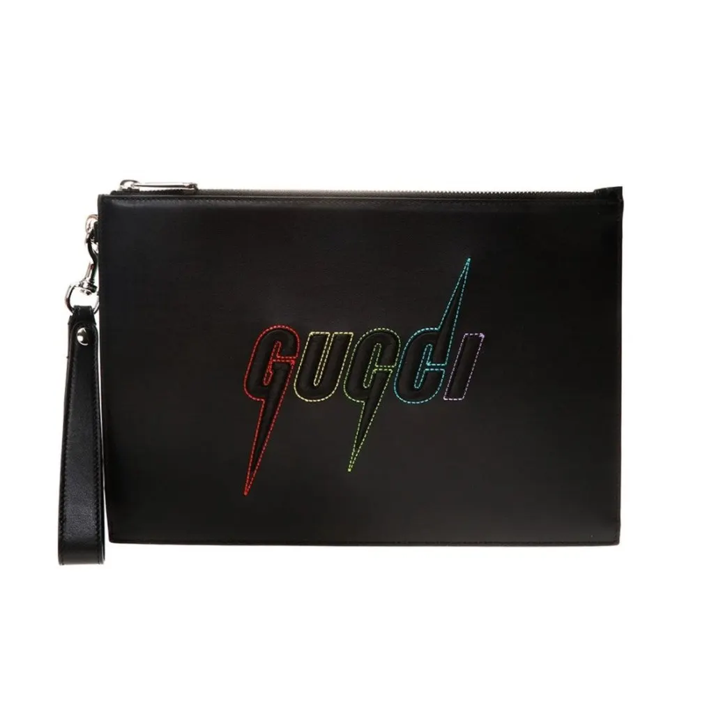 Gucci Blade Embroidered Black Leather Pouch Wristlet Clutch Bag Black Leather Never worn - Front View