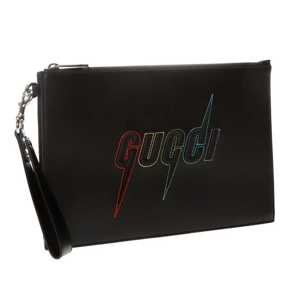 Gucci Blade Embroidered Black Leather Pouch Wristlet Clutch Bag Black Leather Never worn - Model View