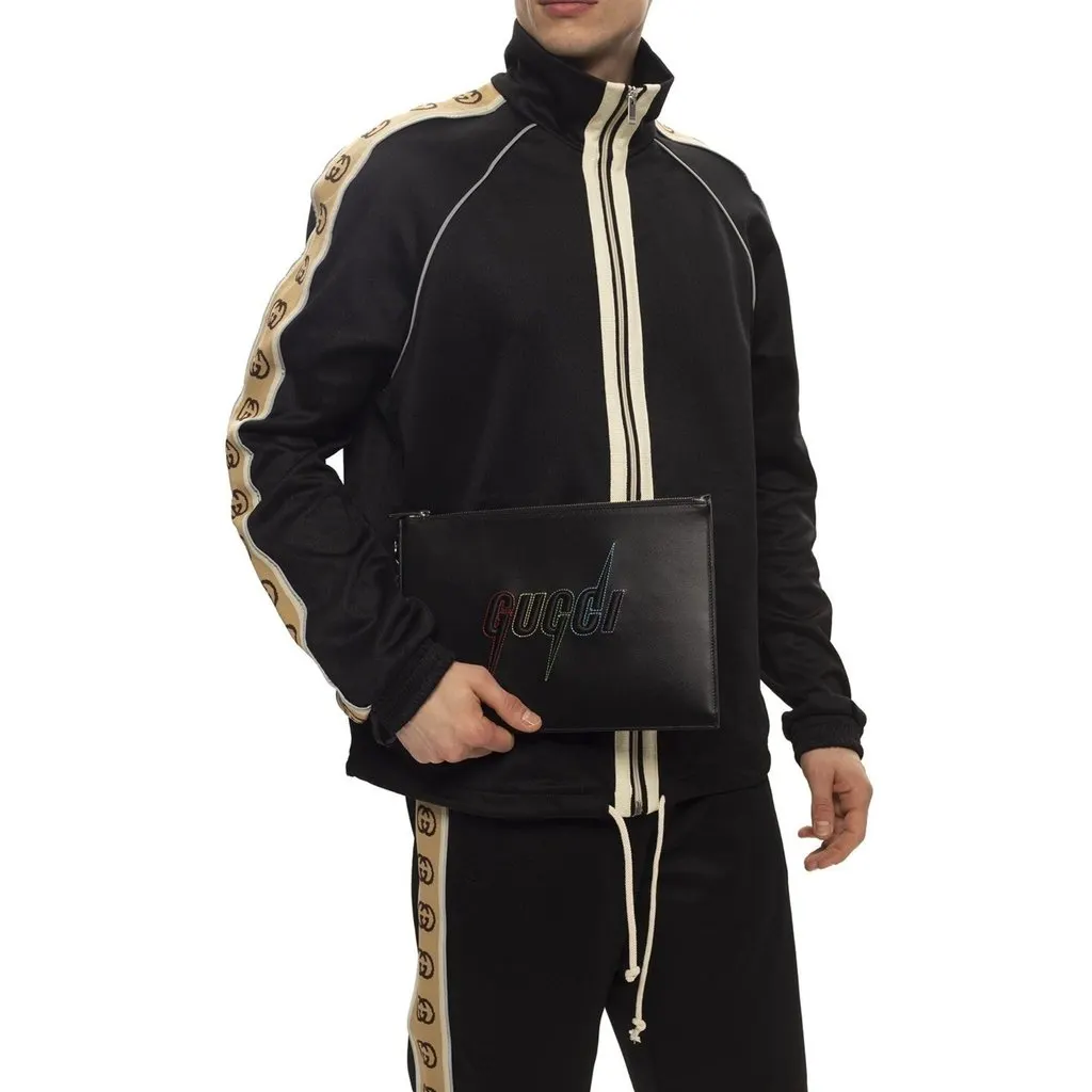 Gucci Blade Embroidered Black Leather Pouch Wristlet Clutch Bag Black Leather Never worn - Box View