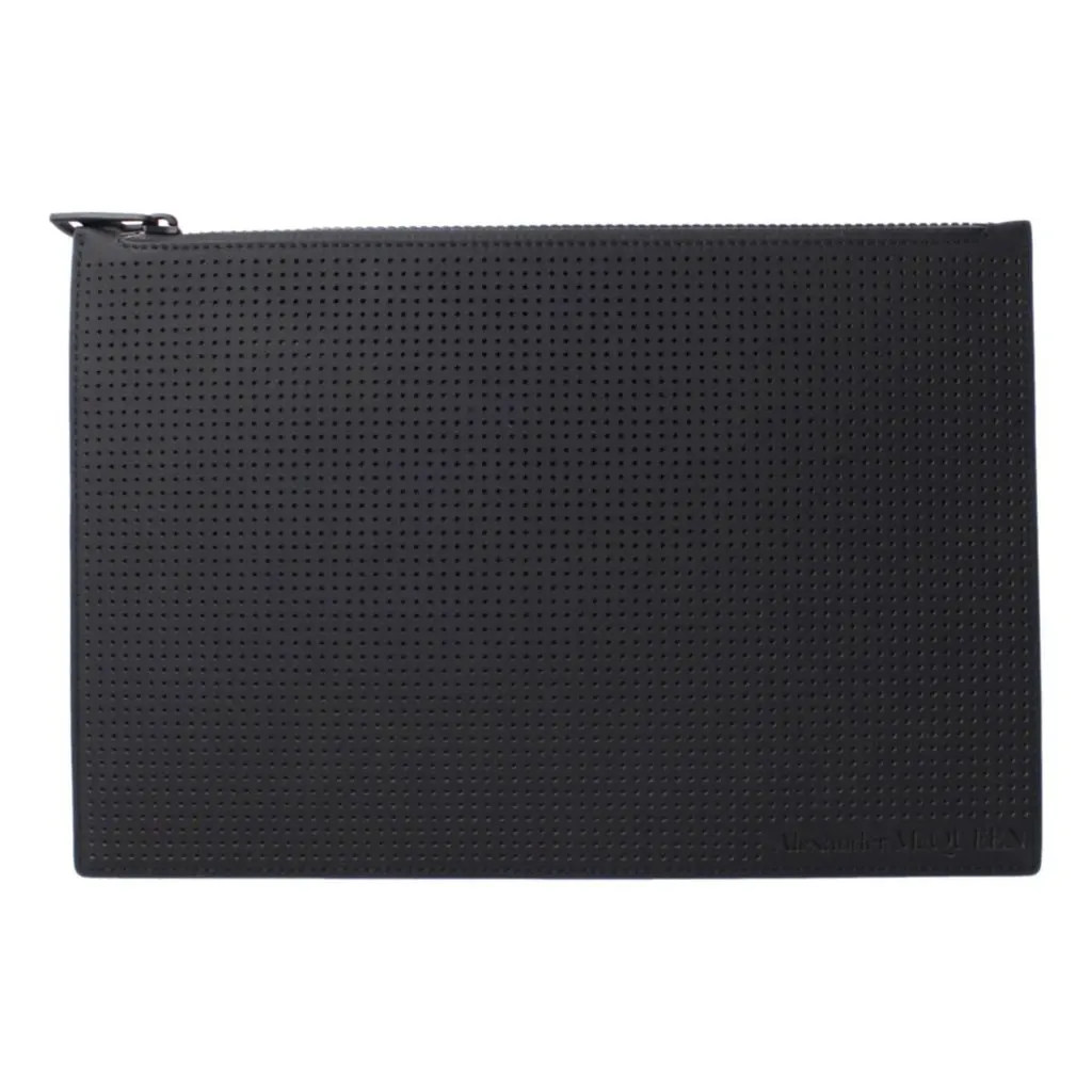 Alexander McQueen Black Leather Perforated Flat Pouch Black Leather Never worn - Front View