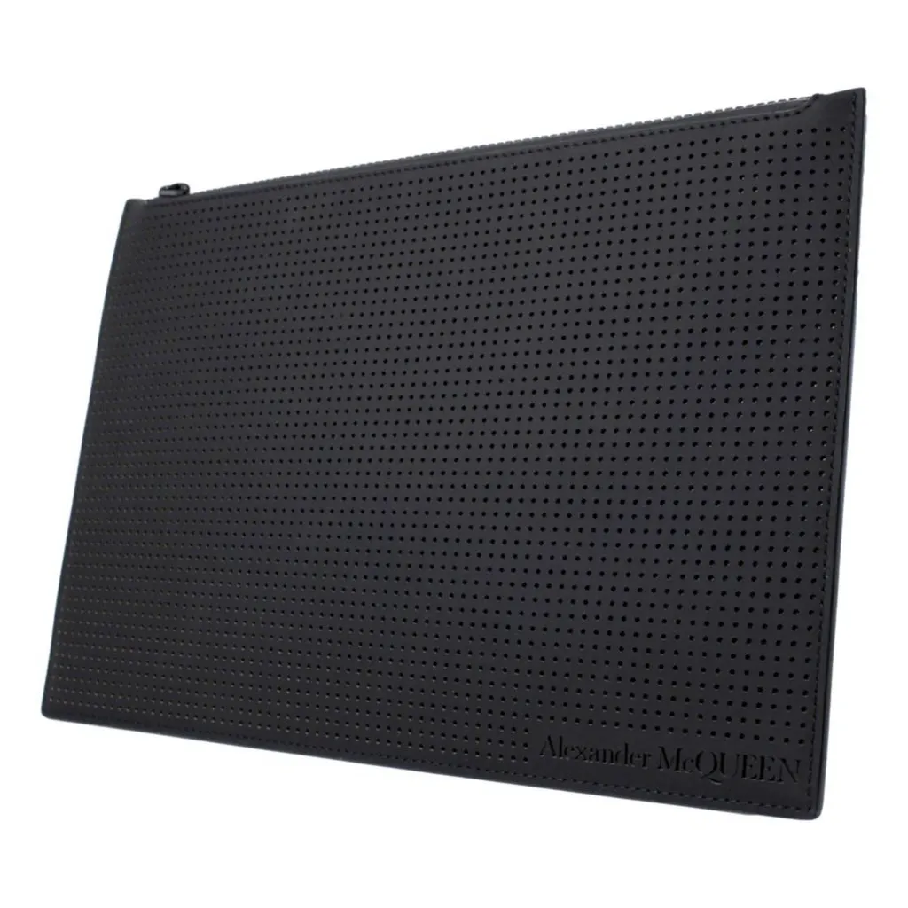 Alexander McQueen Black Leather Perforated Flat Pouch Black Leather Never worn - Back View