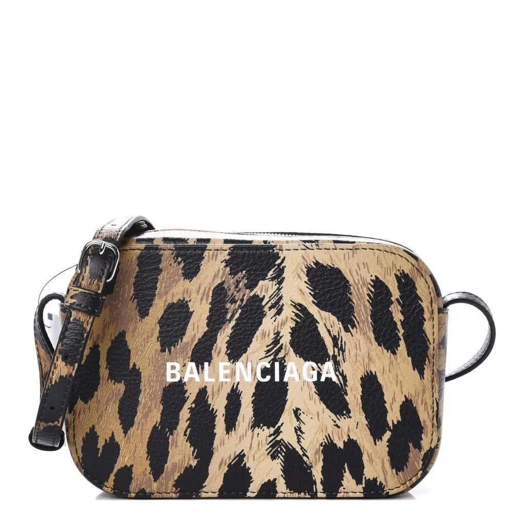 Balenciaga Calfskin Logo Printed Leopard XS Everyday Camera Bag Beige Leather Never worn - Front View