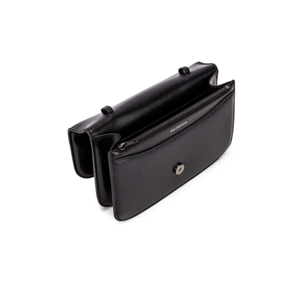 Balenciaga Black Shiny Calfskin Leather Chain Wallet Shoulder Bag Black Leather Never worn - Box View