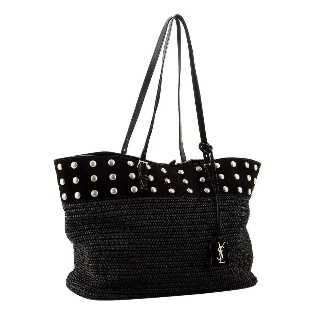 Saint Laurent Boucle Studded Black Raffia Leather Shopping Tote Black Leather Never worn - Inside View