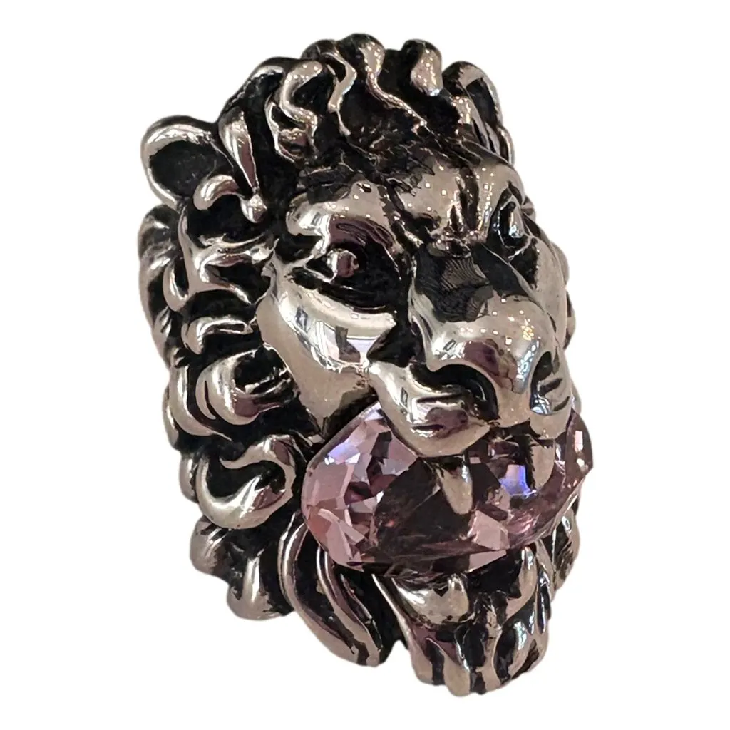 Gucci Lion Head Motif Silver Ring Light Pink Crystal Size 10 Gold Satin Never worn - Front View