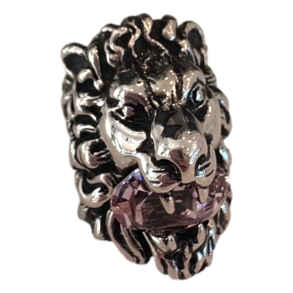 Gucci Lion Head Motif Silver Ring Light Pink Crystal Size 10 Gold Satin Never worn - Back View