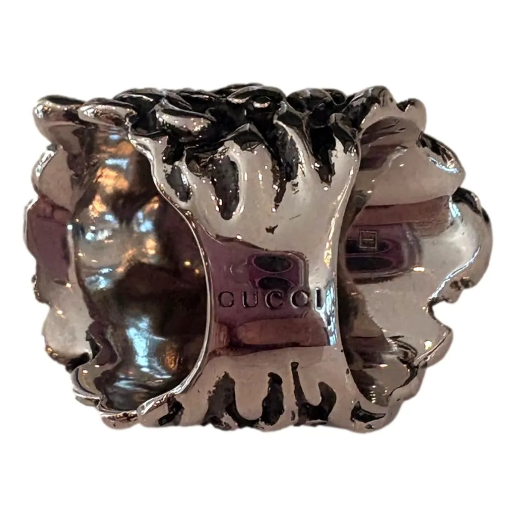 Gucci Lion Head Motif Silver Ring Light Pink Crystal Size 10 Gold Satin Never worn - Box View