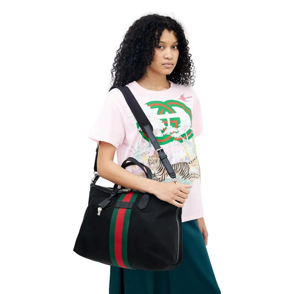 Gucci Techno Web Stripe Black Canvas Large Duffle Bag Crossbody Travel Bag Black Canvas Never worn - Back View