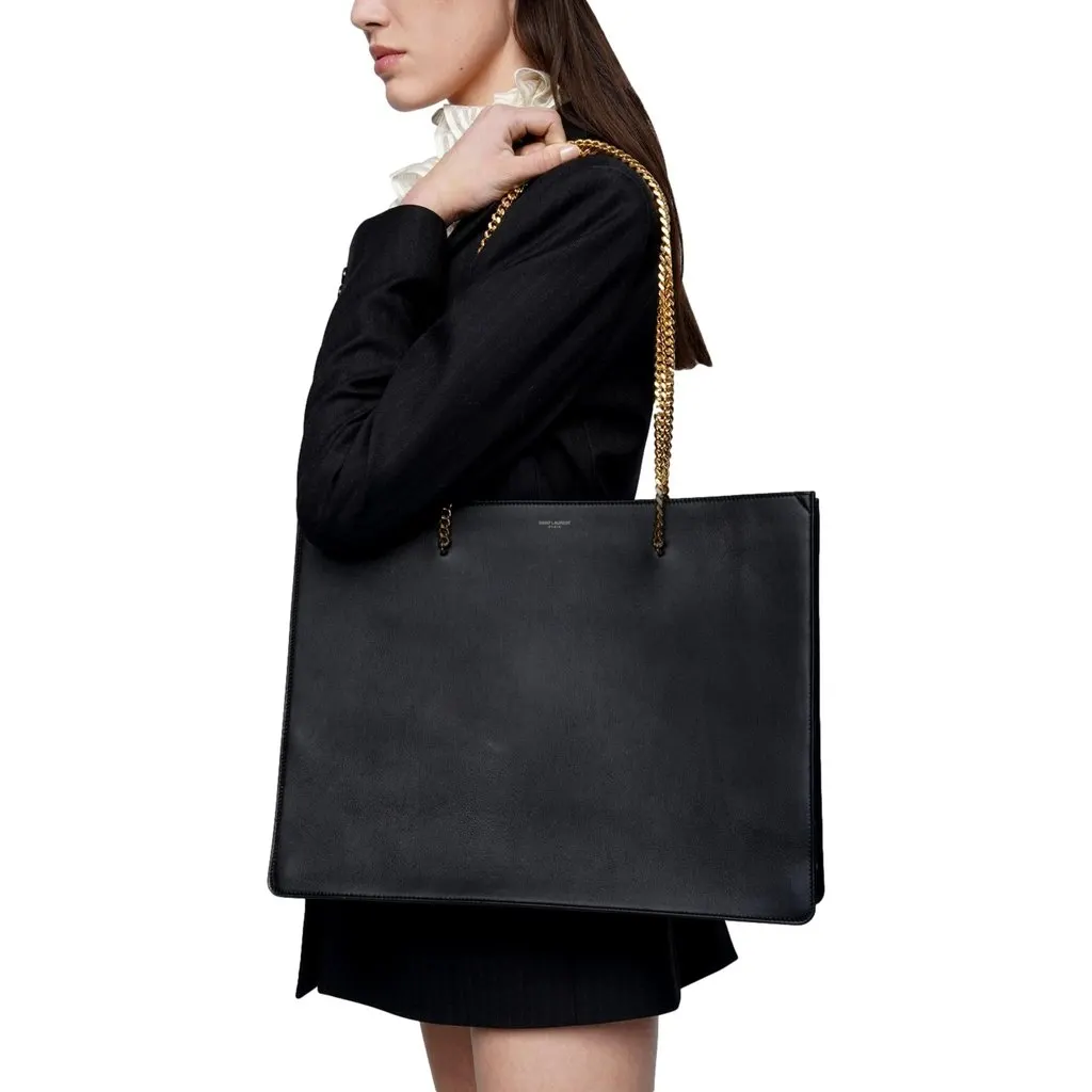 Saint Laurent Siena Ultra Lux Black Calf Leather Chain Shoulder Tote Bag Black Leather Never worn - Back View