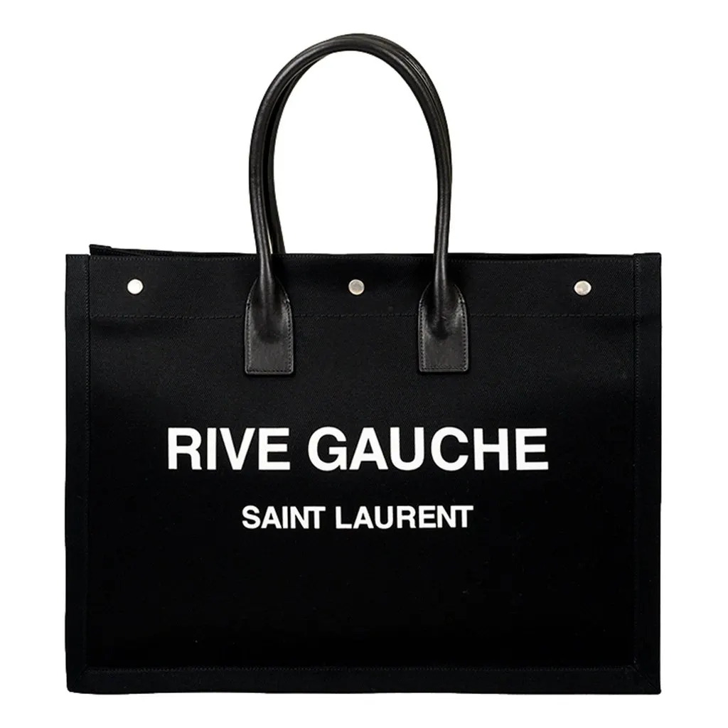Saint Laurent Rive Gauche Black Canvas Leather Trim Tote Bag Black Leather Never worn - Front View