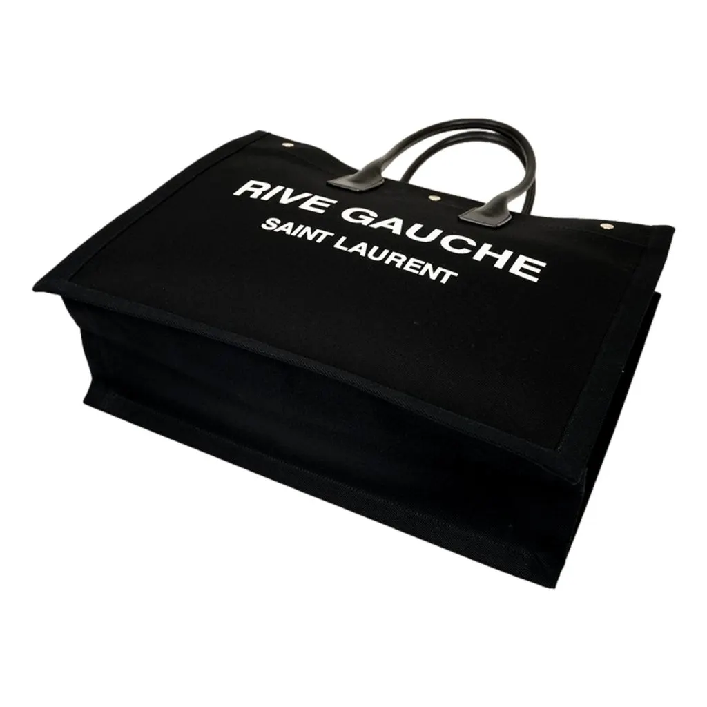 Saint Laurent Rive Gauche Black Canvas Leather Trim Tote Bag Black Leather Never worn - Model View