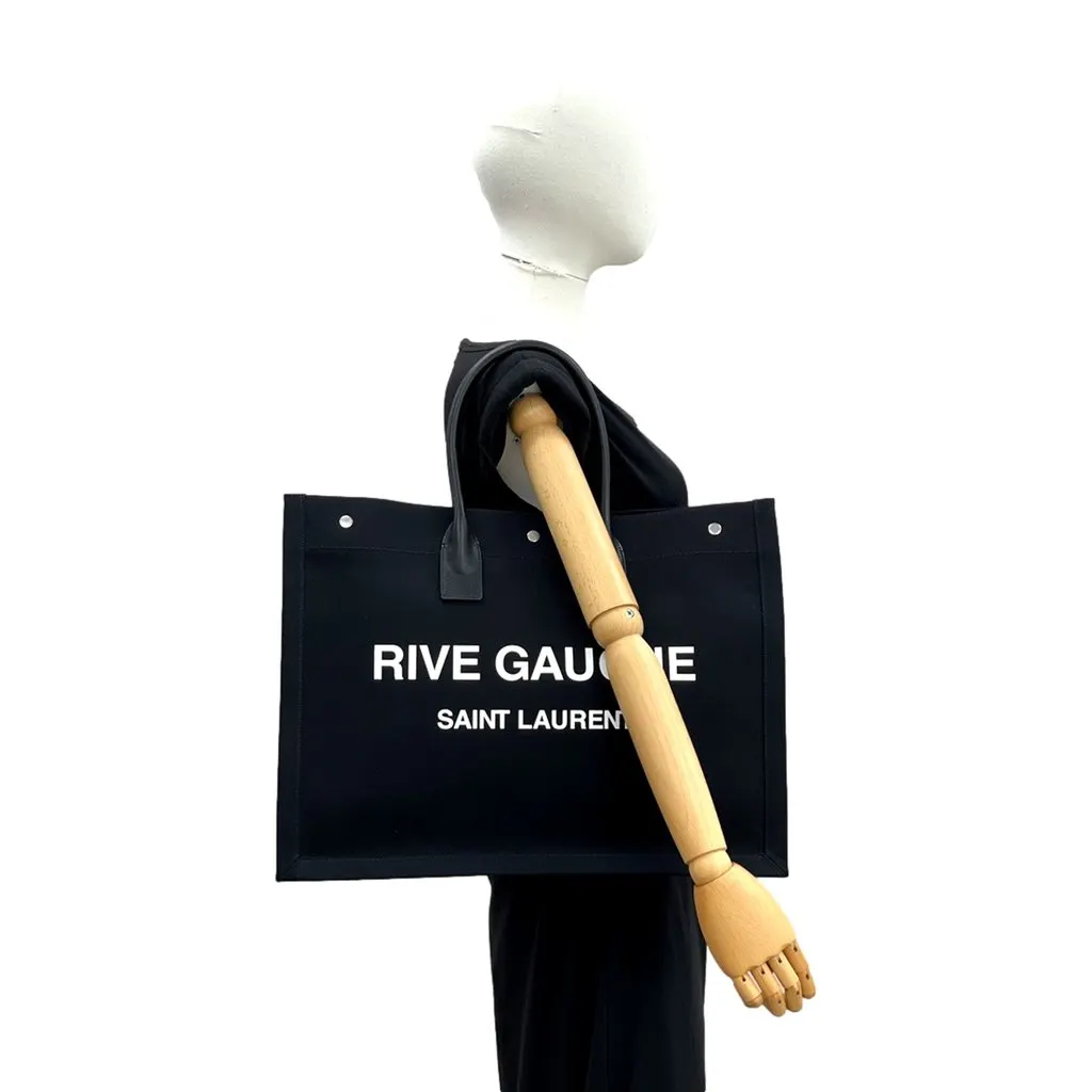 Saint Laurent Rive Gauche Black Canvas Leather Trim Tote Bag Black Leather Never worn - Box View
