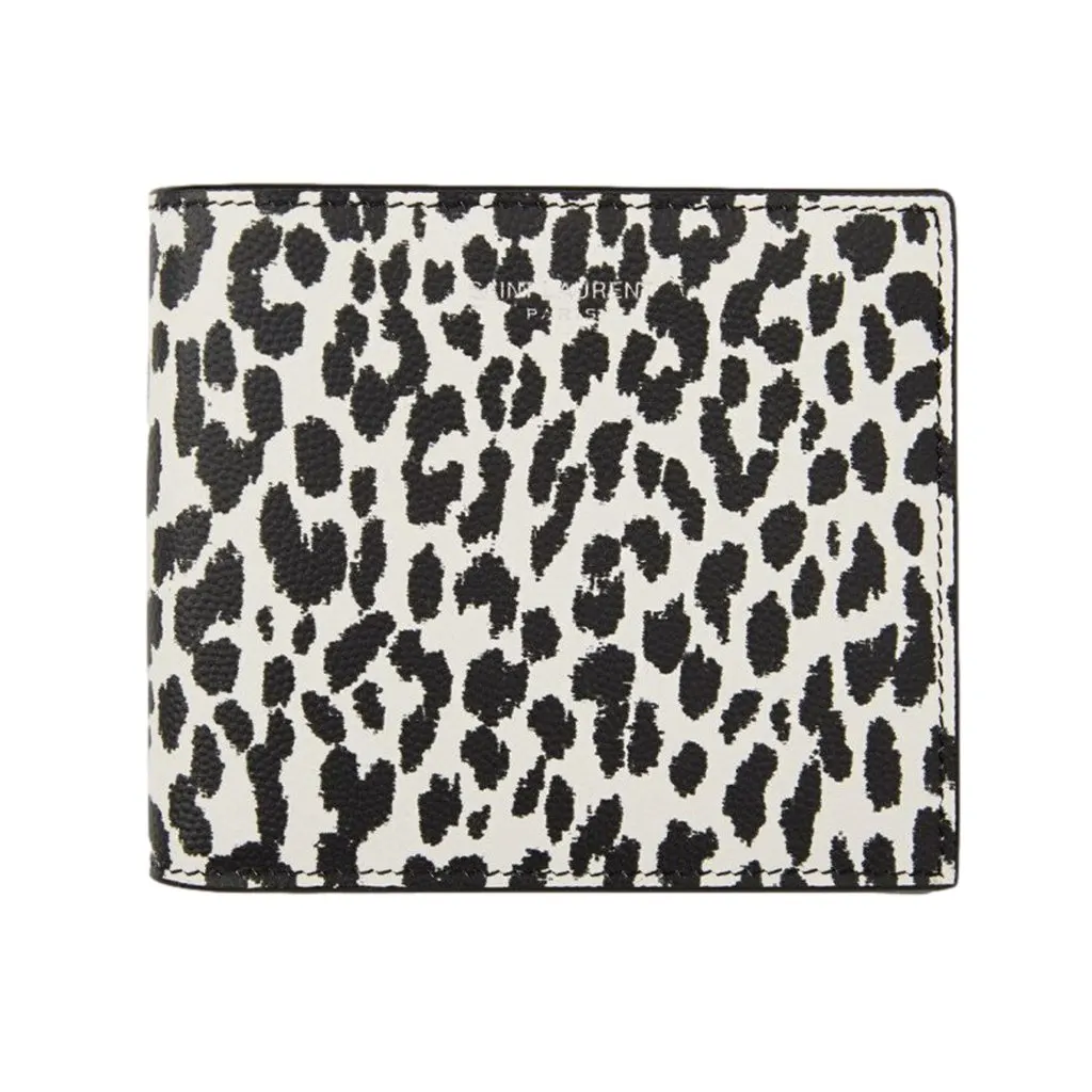 Saint Laurent BabyCat Leopard Print Black and White Leather Bifold Wallet Black Leather Never worn - Front View