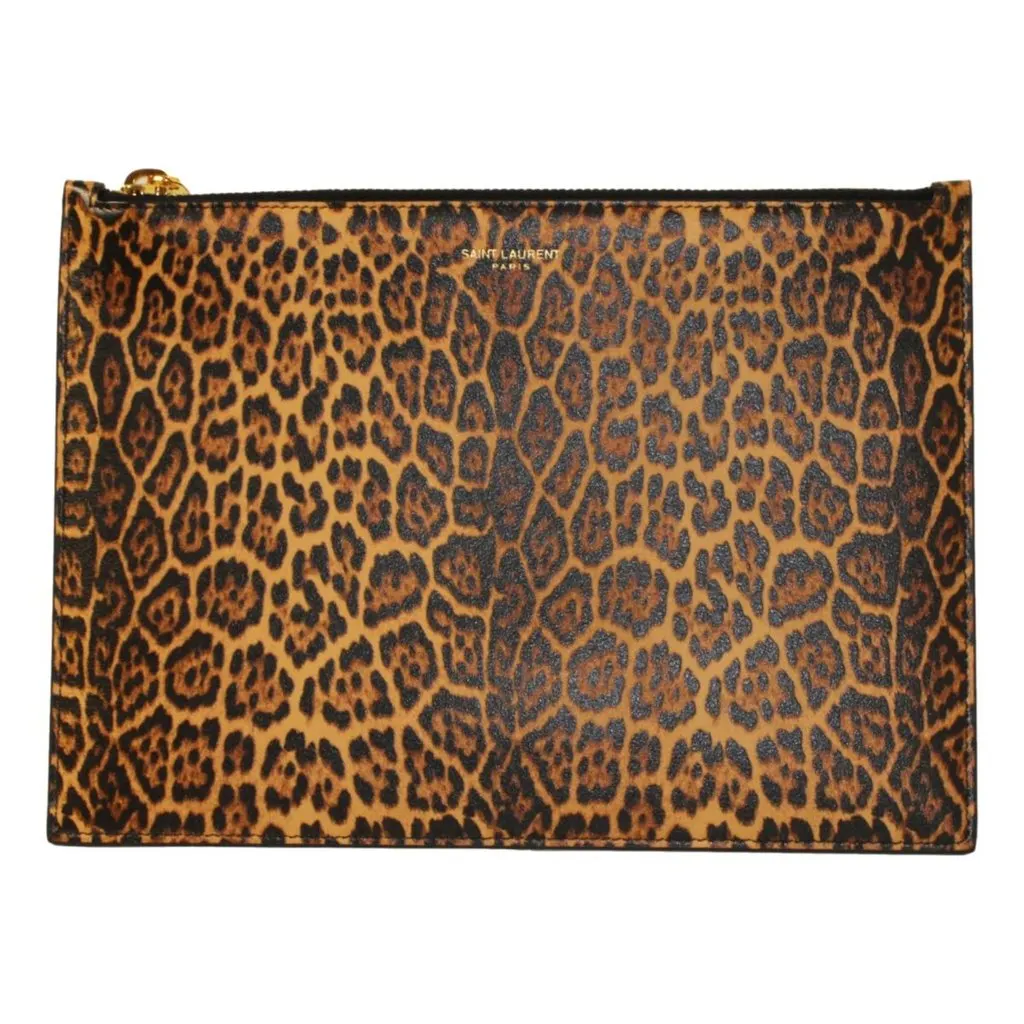 Saint Laurent Leopard Printed Calfskin Leather Medium Pouch Brown Leather Never worn - Front View